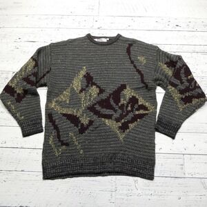 Vintage Bugatchi Sweater Mens XL Gray Abstract Geometric Knit Pullover Retro 90s